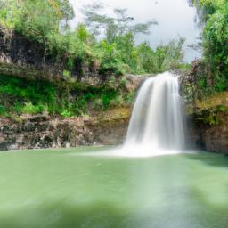 Cascades of Moca erstrahlt in vollem Glanz: Aufgenommen mit einem Weitwinkelobjektiv direkt vor dieser atemberaubenden Sehenswürdigkeit in Äquatorialguinea