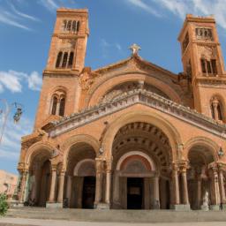 Cattedrale di Asmara erstrahlt in vollem Glanz: Aufgenommen mit einem Weitwinkelobjektiv direkt vor dieser atemberaubenden Sehenswürdigkeit in Eritrea