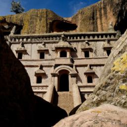 Debre Sina Monastery erstrahlt in vollem Glanz: Aufgenommen mit einem Weitwinkelobjektiv direkt vor dieser atemberaubenden Sehenswürdigkeit in Eritrea