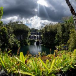 Grand Bassin erstrahlt in vollem Glanz: Aufgenommen mit einem Weitwinkelobjektiv direkt vor dieser atemberaubenden Sehenswürdigkeit in Mauritius