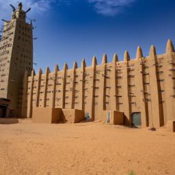 Große Moschee von Djenne erstrahlt in vollem Glanz: Aufgenommen mit einem Weitwinkelobjektiv direkt vor dieser atemberaubenden Sehenswürdigkeit in Mali