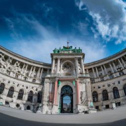 Hofburg, Wien erstrahlt in vollem Glanz: Aufgenommen mit einem Weitwinkelobjektiv direkt vor dieser atemberaubenden Sehenswürdigkeit in Österreich