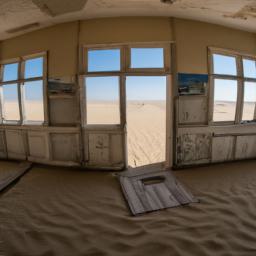 Kolmanskop erstrahlt in vollem Glanz: Aufgenommen mit einem Weitwinkelobjektiv direkt vor dieser atemberaubenden Sehenswürdigkeit in Namibia