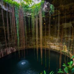 Cenote Ik Kil erstrahlt in vollem Glanz: Aufgenommen mit einem Weitwinkelobjektiv direkt vor dieser atemberaubenden Sehenswürdigkeit in Mexiko