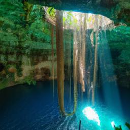 Cenote Zacil-Ha erstrahlt in vollem Glanz: Aufgenommen mit einem Weitwinkelobjektiv direkt vor dieser atemberaubenden Sehenswürdigkeit in Tulum