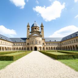 Abbaye aux Dames erstrahlt in vollem Glanz: Aufgenommen mit einem Weitwinkelobjektiv direkt vor dieser atemberaubenden Sehenswürdigkeit in Normandie