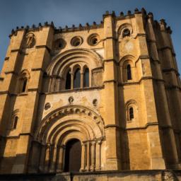 Alte Kathedrale von Coimbra erstrahlt in vollem Glanz: Aufgenommen mit einem Weitwinkelobjektiv direkt vor dieser atemberaubenden Sehenswürdigkeit in Coimbra