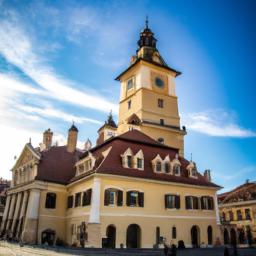 Altes Rathaus Sibiu erstrahlt in vollem Glanz: Aufgenommen mit einem Weitwinkelobjektiv direkt vor dieser atemberaubenden Sehenswürdigkeit in Sibiu