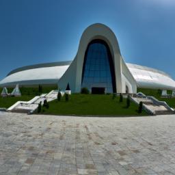 Ashgabat National Museum of History erstrahlt in vollem Glanz: Aufgenommen mit einem Weitwinkelobjektiv direkt vor dieser atemberaubenden Sehenswürdigkeit in Turkmenistan