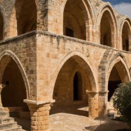 Ayios Neophytos Monastery erstrahlt in vollem Glanz: Aufgenommen mit einem Weitwinkelobjektiv direkt vor dieser atemberaubenden Sehenswürdigkeit in Limassol