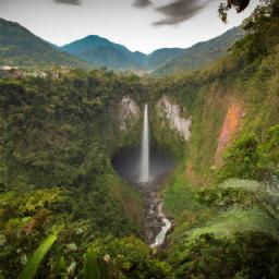 Baños de Agua Santa erstrahlt in vollem Glanz: Aufgenommen mit einem Weitwinkelobjektiv direkt vor dieser atemberaubenden Sehenswürdigkeit in Ecuador