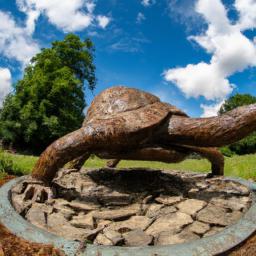 Brunurupucis (Turtle) Sculpture erstrahlt in vollem Glanz: Aufgenommen mit einem Weitwinkelobjektiv direkt vor dieser atemberaubenden Sehenswürdigkeit in Jurmala