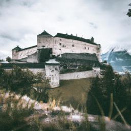 Burg Hohenwerfen erstrahlt in vollem Glanz: Aufgenommen mit einem Weitwinkelobjektiv direkt vor dieser atemberaubenden Sehenswürdigkeit in Hallein