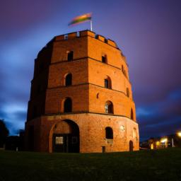 Gediminas-Turm erstrahlt in vollem Glanz: Aufgenommen mit einem Weitwinkelobjektiv direkt vor dieser atemberaubenden Sehenswürdigkeit in Litauen