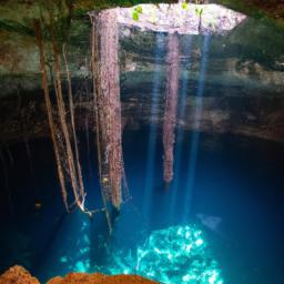 Gran Cenote erstrahlt in vollem Glanz: Aufgenommen mit einem Weitwinkelobjektiv direkt vor dieser atemberaubenden Sehenswürdigkeit in Tulum