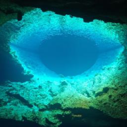 Great Blue Hole erstrahlt in vollem Glanz: Aufgenommen mit einem Weitwinkelobjektiv direkt vor dieser atemberaubenden Sehenswürdigkeit in Belize