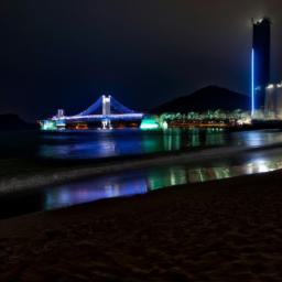 Gwangalli Beach, Busan erstrahlt in vollem Glanz: Aufgenommen mit einem Weitwinkelobjektiv direkt vor dieser atemberaubenden Sehenswürdigkeit in Südkorea