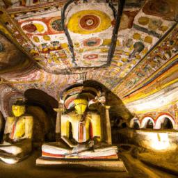 Dambulla Höhlentempel erstrahlt in vollem Glanz: Aufgenommen mit einem Weitwinkelobjektiv direkt vor dieser atemberaubenden Sehenswürdigkeit in Sri Lanka