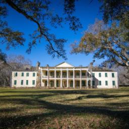 Drayton Hall erstrahlt in vollem Glanz: Aufgenommen mit einem Weitwinkelobjektiv direkt vor dieser atemberaubenden Sehenswürdigkeit in Charleston Sc