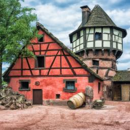 Ecomusée d'Alsace erstrahlt in vollem Glanz: Aufgenommen mit einem Weitwinkelobjektiv direkt vor dieser atemberaubenden Sehenswürdigkeit in Elsass