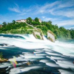 Ein beeindruckender Blick auf den Rheinfall in der Schweiz, die größte Wasserfall Europas, umgeben von üppiger Natur und sprühendem Wasser.