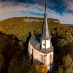 Falkensteinkirche erstrahlt in vollem Glanz: Aufgenommen mit einem Weitwinkelobjektiv direkt vor dieser atemberaubenden Sehenswürdigkeit in Wolfgangsee