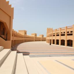 Katara Cultural Village, Doha erstrahlt in vollem Glanz: Aufgenommen mit einem Weitwinkelobjektiv direkt vor dieser atemberaubenden Sehenswürdigkeit in Katar