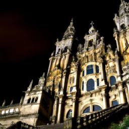 Kathedrale von Santiago de Compostela erstrahlt in vollem Glanz: Aufgenommen mit einem Weitwinkelobjektiv direkt vor dieser atemberaubenden Sehenswürdigkeit in Spanien