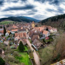 Kaysersberg erstrahlt in vollem Glanz: Aufgenommen mit einem Weitwinkelobjektiv direkt vor dieser atemberaubenden Sehenswürdigkeit in Elsass