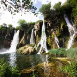 Kravica Wasserfall erstrahlt in vollem Glanz: Aufgenommen mit einem Weitwinkelobjektiv direkt vor dieser atemberaubenden Sehenswürdigkeit in Bosnien und Herzegowina