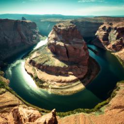 Horseshoe Bend erstrahlt in vollem Glanz: Aufgenommen mit einem Weitwinkelobjektiv direkt vor dieser atemberaubenden Sehenswürdigkeit in Lake Powell