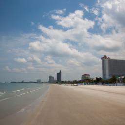 Hua Hin Beach erstrahlt in vollem Glanz: Aufgenommen mit einem Weitwinkelobjektiv direkt vor dieser atemberaubenden Sehenswürdigkeit in Thailand