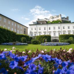 Schloss Mirabell, Salzburg erstrahlt in vollem Glanz: Aufgenommen mit einem Weitwinkelobjektiv direkt vor dieser atemberaubenden Sehenswürdigkeit in Österreich