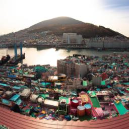 Jagalchi Market, Busan erstrahlt in vollem Glanz: Aufgenommen mit einem Weitwinkelobjektiv direkt vor dieser atemberaubenden Sehenswürdigkeit in Südkorea