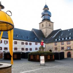 Marktplatz Echternach erstrahlt in vollem Glanz: Aufgenommen mit einem Weitwinkelobjektiv direkt vor dieser atemberaubenden Sehenswürdigkeit in Echternach