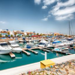 Marina de Albufeira erstrahlt in vollem Glanz: Aufgenommen mit einem Weitwinkelobjektiv direkt vor dieser atemberaubenden Sehenswürdigkeit in Albufeira