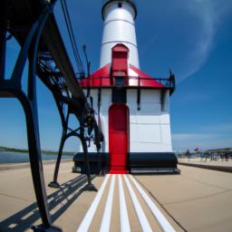 Michigan City Lighthouse erstrahlt in vollem Glanz: Aufgenommen mit einem Weitwinkelobjektiv direkt vor dieser atemberaubenden Sehenswürdigkeit in Michigan City