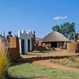 Thaba Bosiu Cultural Village erstrahlt in vollem Glanz: Aufgenommen mit einem Weitwinkelobjektiv direkt vor dieser atemberaubenden Sehenswürdigkeit in Lesotho