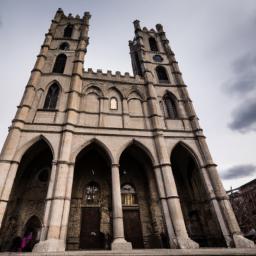 Notre-Dame Basilica erstrahlt in vollem Glanz: Aufgenommen mit einem Weitwinkelobjektiv direkt vor dieser atemberaubenden Sehenswürdigkeit in Montreal