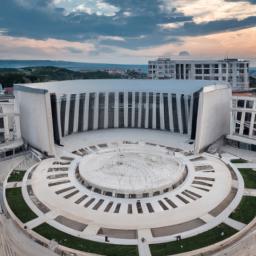 Nationaltheater, Podgorica erstrahlt in vollem Glanz: Aufgenommen mit einem Weitwinkelobjektiv direkt vor dieser atemberaubenden Sehenswürdigkeit in Podgorica