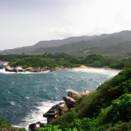 Nationalpark Tayrona erstrahlt in vollem Glanz: Aufgenommen mit einem Weitwinkelobjektiv direkt vor dieser atemberaubenden Sehenswürdigkeit in Kolumbien