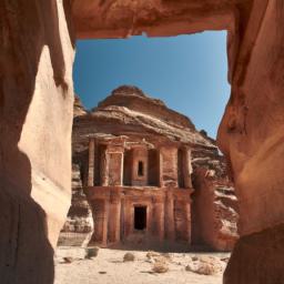 Nabatean Tombs erstrahlt in vollem Glanz: Aufgenommen mit einem Weitwinkelobjektiv direkt vor dieser atemberaubenden Sehenswürdigkeit in Saudi-Arabien