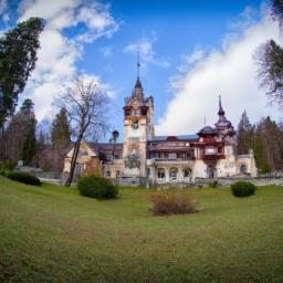 Schloss Peles erstrahlt in vollem Glanz: Aufgenommen mit einem Weitwinkelobjektiv direkt vor dieser atemberaubenden Sehenswürdigkeit in Rumänien