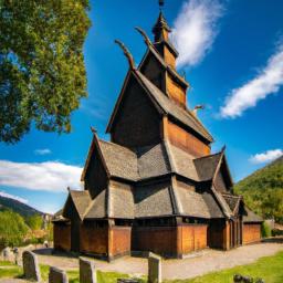 Stavkirche Borgund erstrahlt in vollem Glanz: Aufgenommen mit einem Weitwinkelobjektiv direkt vor dieser atemberaubenden Sehenswürdigkeit in Norwegen