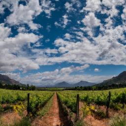 Stellenbosch Weinregion erstrahlt in vollem Glanz: Aufgenommen mit einem Weitwinkelobjektiv direkt vor dieser atemberaubenden Sehenswürdigkeit in Südafrika