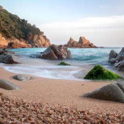 Strand von Sa Boadella erstrahlt in vollem Glanz: Aufgenommen mit einem Weitwinkelobjektiv direkt vor dieser atemberaubenden Sehenswürdigkeit in Iloret de mar