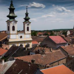 Szentendre erstrahlt in vollem Glanz: Aufgenommen mit einem Weitwinkelobjektiv direkt vor dieser atemberaubenden Sehenswürdigkeit in Ungarn