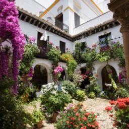 Patios de Cordoba erstrahlt in vollem Glanz: Aufgenommen mit einem Weitwinkelobjektiv direkt vor dieser atemberaubenden Sehenswürdigkeit in Cordoba