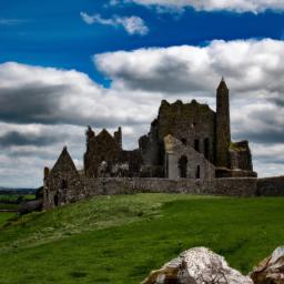 Rock of Cashel erstrahlt in vollem Glanz: Aufgenommen mit einem Weitwinkelobjektiv direkt vor dieser atemberaubenden Sehenswürdigkeit in Irland