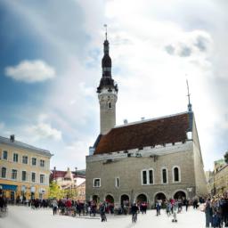 Rathausplatz Tallinn erstrahlt in vollem Glanz: Aufgenommen mit einem Weitwinkelobjektiv direkt vor dieser atemberaubenden Sehenswürdigkeit in Estland